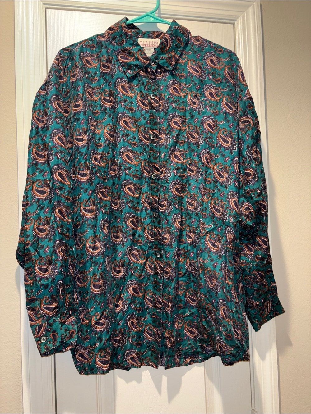 Vintage Classic Expressions Green Paisley 100% Silk Blouse Size 20W